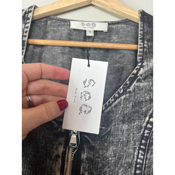 NWT Sea New York Chambray Denim Dylan Puff Sleeve Pleated Mini Dress Black - Picture 4 of 8